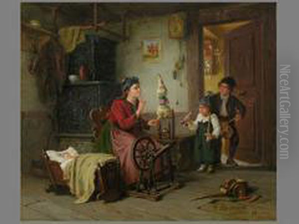 Familieninterieur Mit Frau Am Spinnrad Oil Painting by Hermann Sondermann