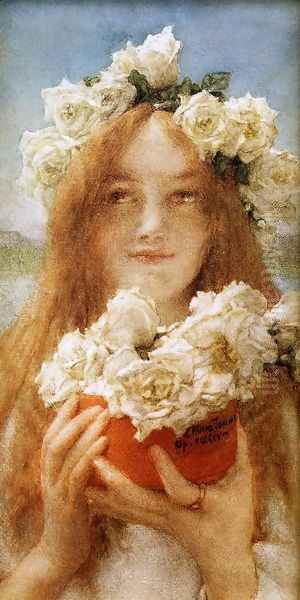 Summer Offering (or Young Girl with Roses) Oil Painting by Sir Lawrence Alma-Tadema