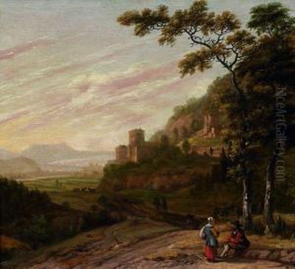 Paysans Discutant Dans Un Paysage Avec Un Chateau Oil Painting by Jan Gabrielsz. Sonje