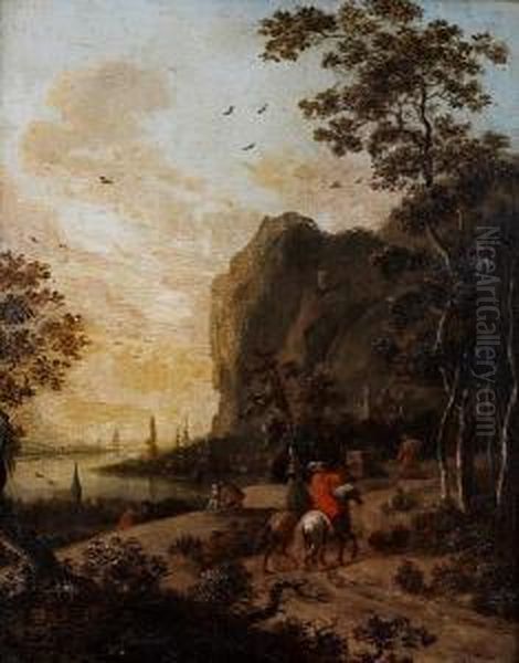 Travellers On A Country Path Before Anitalianate Coastal Landscape Oil Painting by Jan Gabrielsz. Sonje