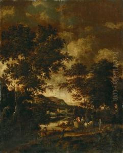 Bewaldete Flusslandschaft Mit Burg Und Bauern Oil Painting by Jan Gabrielsz. Sonje