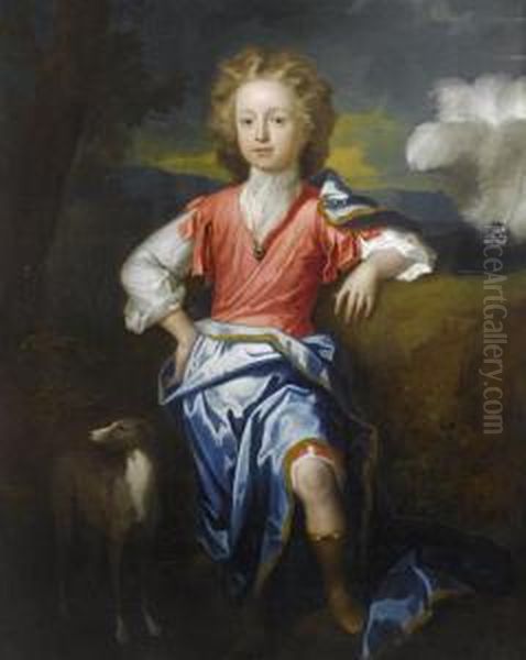 Portrait Of A Boy, Possibly James Stuart, The Old Pretender, Full-length, Standing, Wearing Classical Dress, A Hat With The Three Feathers Of The Prince Of Wales And His Hound Beside Him Oil Painting by William Sonmans