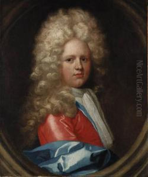 Portrait Of A Young Gentleman, Half-length, In A Red Coat And Bluemantle, Sculpted Cartouche Oil Painting by William Sonmans