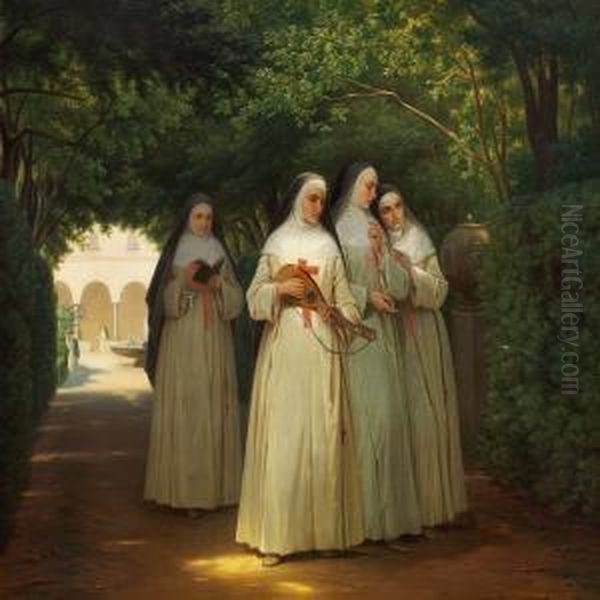 Nonner Spadsere I Klosterhaven Oil Painting by Jorgen Sonne