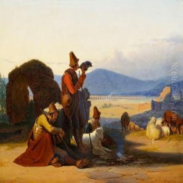 Shepherds In The Romancampagna Oil Painting by Jorgen Sonne