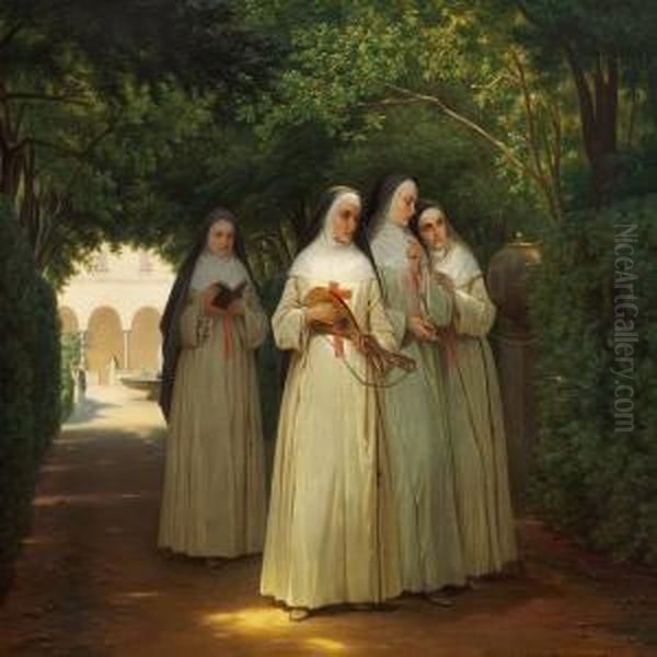 Nuns Walking In A Cloister Garden In Rome Oil Painting by Jorgen Sonne