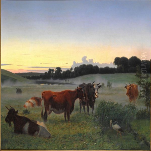 Cows And A Stork In A Field On An Early Summer Morning Oil Painting by Jorgen Valentin Sonne