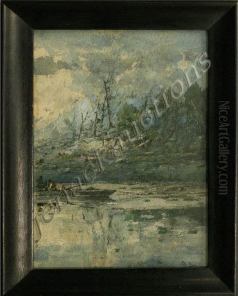 Fisherman On Mountain Lake Oil Painting by William Louis Ii Sonntag