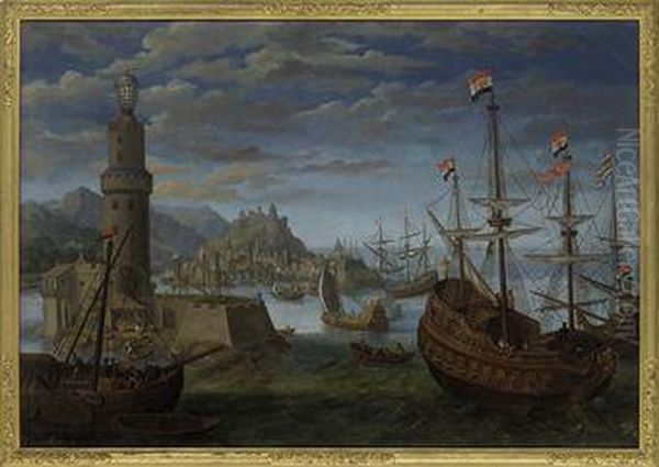 Two Dutch Men-o'war At Anchor Off Genoa Oil Painting by Zacharias Sonntag