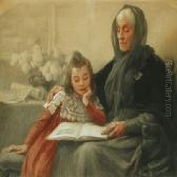 Interior With Grandmother Reading To Her Grand Child Oil Painting by Elisabeth Sonrel