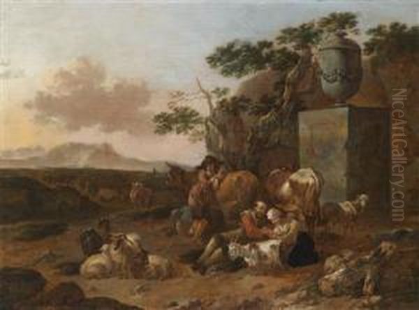 A Southern Landscape With Shepherds Restingby A Roman Monument Oil Painting by Jan Frans Soolmaker