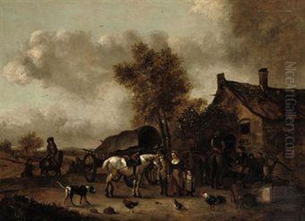 A Landscape With Horses And Riders Near A Tavern Oil Painting by Jan Frans Soolmaker