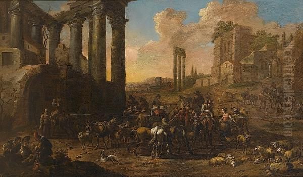 Herdsmen On Horseback With Cattle And Sheep In The Roman Forum Oil Painting by Jan Frans Soolmaker