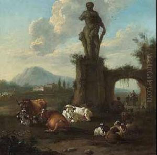 Hirten Mit Herde Vor Der Statue Des Herkules Di Farnese. Oil Painting by Jan Frans Soolmaker