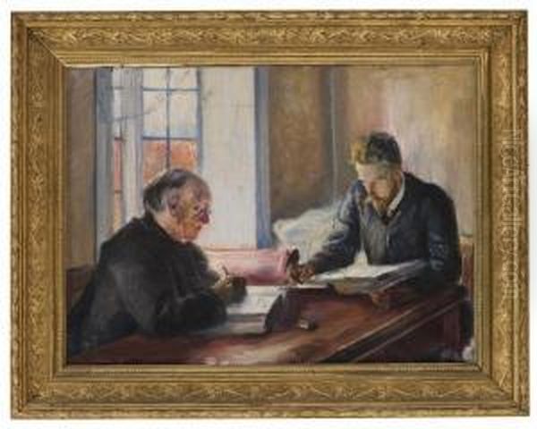 Interior With Two Men Writing Oil Painting by Eyolf Soot