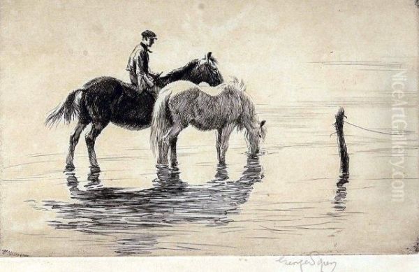 Horses Watering Oil Painting by George Soper