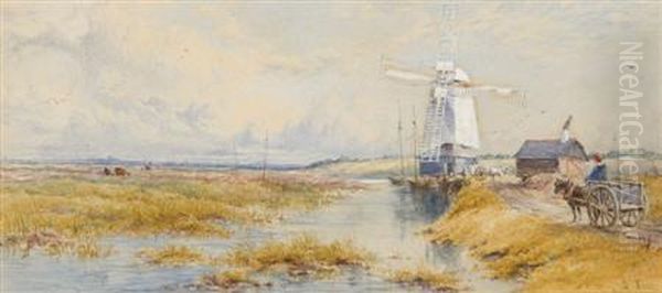 Windmill In An Extensive River Landscape Oil Painting by Thomas James Soper