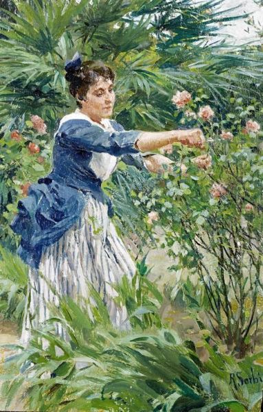 Pruning The Roses Oil Painting by Raffaelo Sorbi