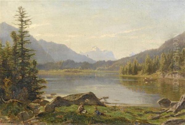 Mountain Lake With Two Young Herdsmen In The Foreground Oil Painting by Eugene Etienne Sordet