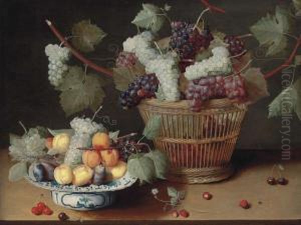 Grapes, Peaches And Plums On A Delft Platter And Grapes In A Woven Basket Oil Painting by Isaak Soreau