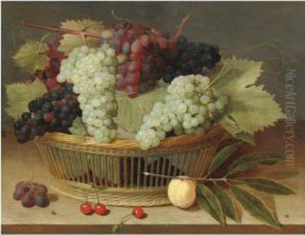 Still Life With Grapes On The Vine In A Basket, With Three Cherrieson The Wooden Tabletop Below Oil Painting by Isaak Soreau