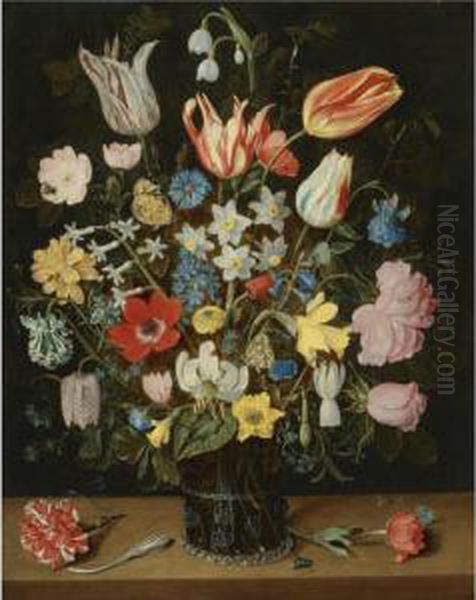 Still Life Of Roses, Tulips, A White Lily, Poppy Anemones,narcissi, Carnations, Columbine, Hyacinth, Snowdrop, Cyclamen,fritillary, Cornflower, Lily-of-the-valley, Crocus, Forget-me-notand Other Flowers, In A Glass Beaker On A Wooden Table Withbutterflies Oil Painting by Isaak Soreau