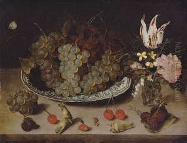 Grapes On A Blue And White Dish, And Flowers In A Roemer, With Cherries, Hazelnuts And Blackberries Strewn On A Ledge Oil Painting by Isaak Soreau