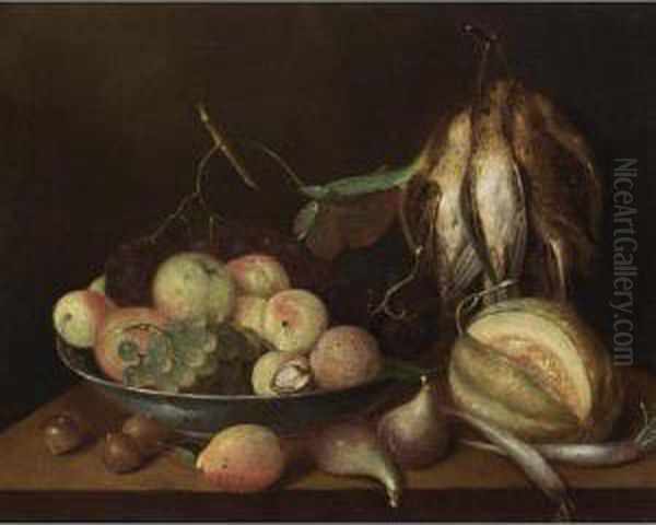 A Still Life Of Apples, Black And White Grapes And A Walnut In A Porcelain Bowl, Together With Chestnuts, A Pear, Figs, Turnips And A Melon, All On A Table With A Bunch Of Snipes Hanging On A Nail Oil Painting by Peter Soreau