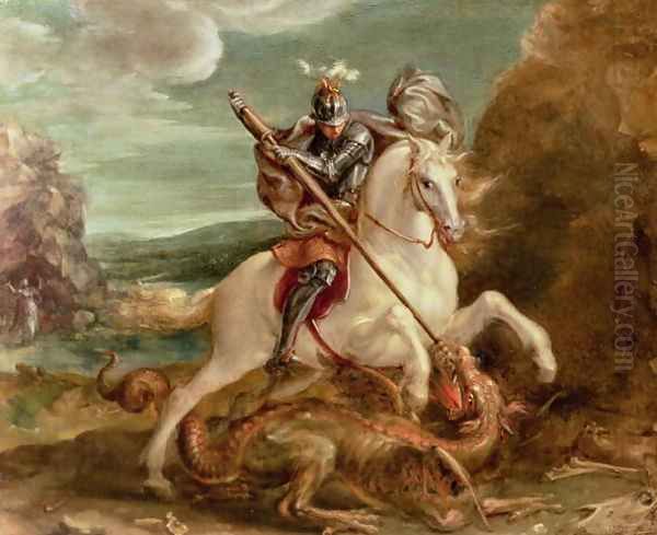 St. George slaying the dragon Oil Painting by Hans Von Aachen