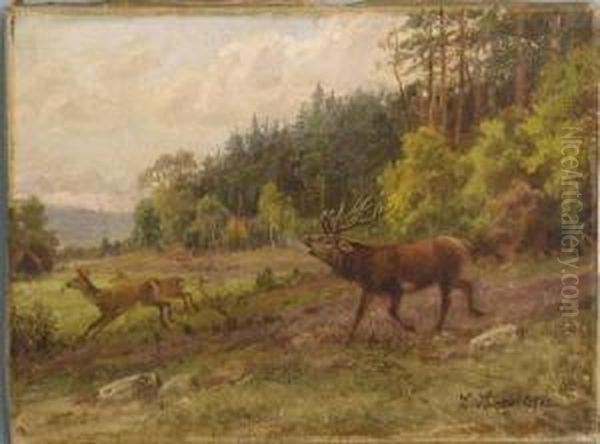 Hirsch Jagt Zwei Hirschkuhe Oil Painting by C. Sorensen