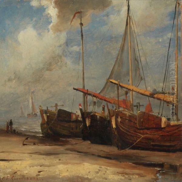 A Dutch Beach Scenery With Boats Oil Painting by C. F. Sorensen