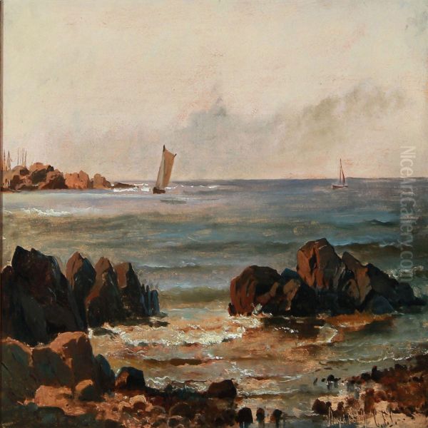 Coastal Scape With A Sailing Boat Near Rocks Oil Painting by C. F. Sorensen