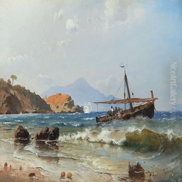 Coastal Scape With A Sailing Ship Near The Shore, Italian Oil Painting by C. F. Sorensen