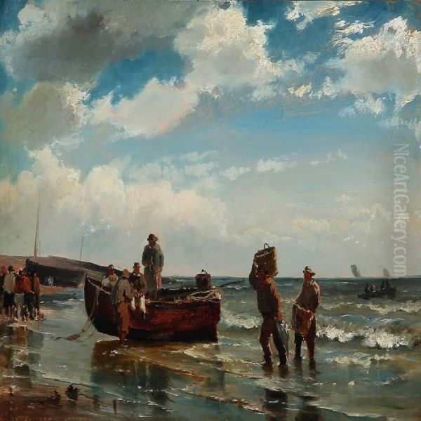 Coastal Scape With Fishermen Coming Ashore With Their Catch Oil Painting by C. F. Sorensen