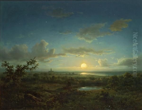 A Moonlit Landscape With A Church In Thedistance Oil Painting by Acobus Loernsz. Sorensen