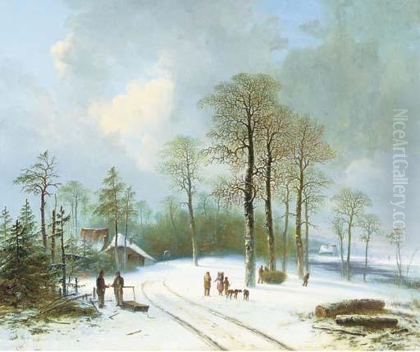 Figures On A Snow-covered Forest Path Oil Painting by Acobus Loernsz. Sorensen