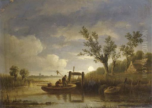 Fishermen At Work By Moonlight Oil Painting by Acobus Loernsz. Sorensen