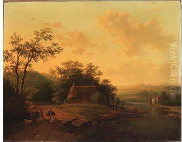 A River Landscape With Peasants On A Sandy Track Oil Painting by Acobus Loernsz. Sorensen