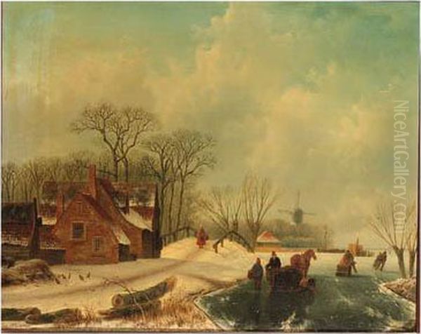 A Winter Landscape With Figures On A Frozen Waterway With A Koek Enzopie Beyond Oil Painting by Acobus Loernsz. Sorensen