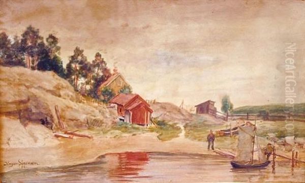 Strand Med Folkeliv 1886 Oil Painting by Jorgen Sorensen