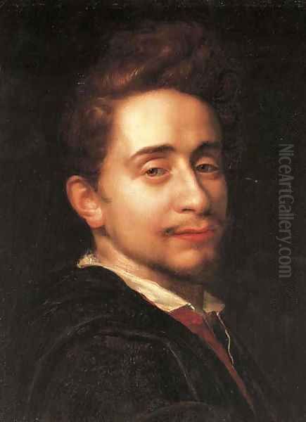 Portrait of a young man, bust-length, in a dark coat Oil Painting by Hans Von Aachen