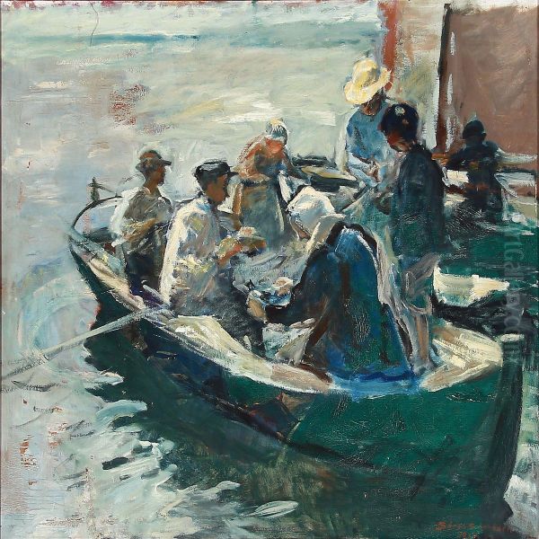 People In Rowboat Oil Painting by Soren Sorensen