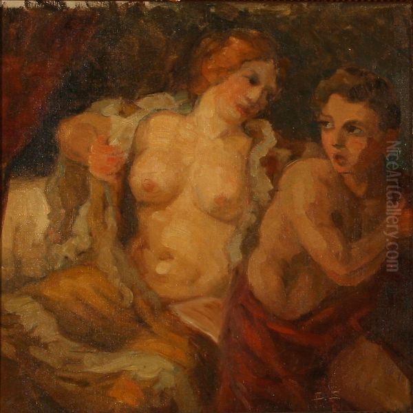 A Woman Exposing Herself In Front Of A Younger Man Oil Painting by Soren Sorensen