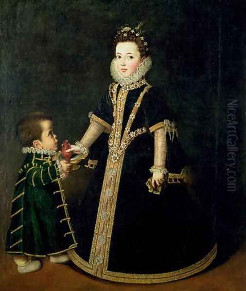 Girl with a dwarf, thought to be a portrait of Margarita of Savoy, daughter of the Duke and Duchess of Savoy, c.1595 Oil Painting by Sofonisba Anguissola