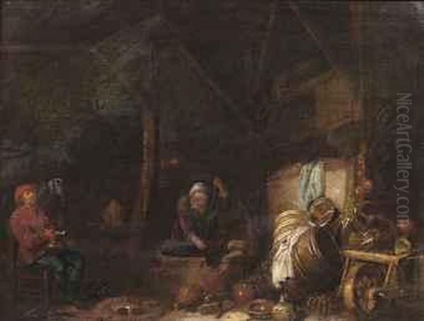 A Kitchen Interior With A Woman Stirring In A Well And A Mansmoking A Pipe Oil Painting by Hendrick Maertensz. Sorch (see Sorgh)