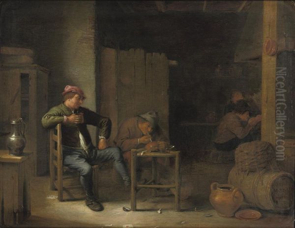 Boors Drinking And Smoking In A Tavern Oil Painting by Hendrick Maertensz. Sorch (see Sorgh)