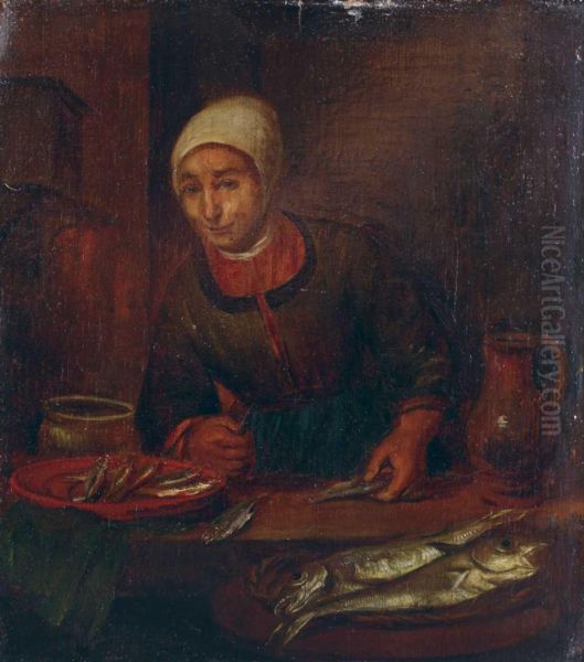 Kucheninterieur Mit Magd Und Fischen. Oil Painting by Hendrick Maertensz. Sorch (see Sorgh)