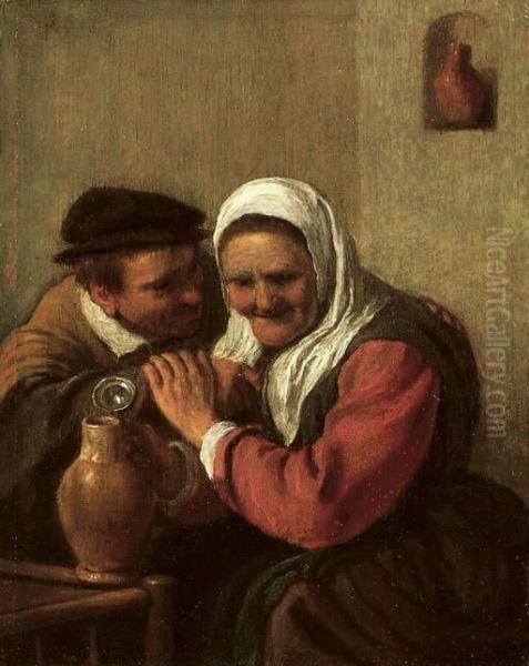 A Peasant Couple Drinking In An Interior Oil Painting by Hendrick Maertensz. Sorch (see Sorgh)