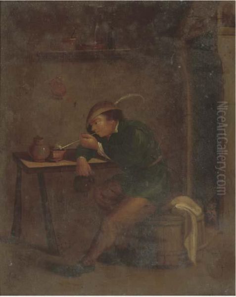 A Boor Smoking And Drinking In An Interior Oil Painting by Hendrick Maertensz. Sorch (see Sorgh)