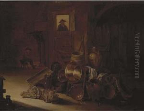 A Stable Interior With Kitchen Utensils And Vegetables In The Foreground Oil Painting by Hendrick Maertensz. Sorch (see Sorgh)